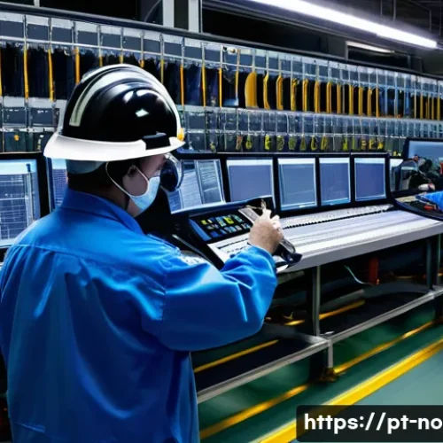 소음진동 실무에서의 사례 기반 학습 - An industrial plant scene showing a detailed acoustic noise diagnosis in progress: a technician wear...