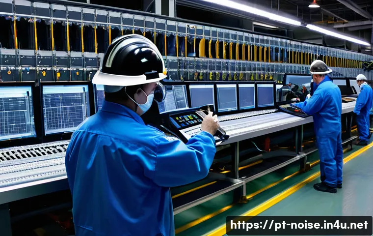 소음진동 실무에서의 사례 기반 학습 - An industrial plant scene showing a detailed acoustic noise diagnosis in progress: a technician wear...