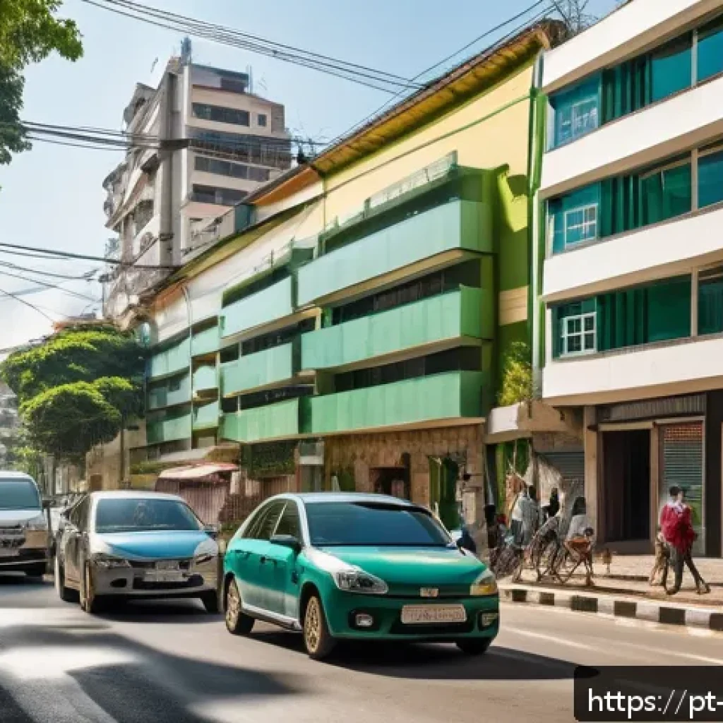 소음진동 이론  소음과 진동의 기초 - A detailed urban street scene in a modern Brazilian city during daytime, showing heavy traffic with ...