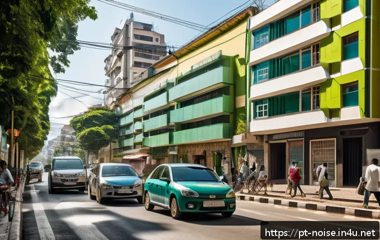 소음진동 이론  소음과 진동의 기초 - A detailed urban street scene in a modern Brazilian city during daytime, showing heavy traffic with ...