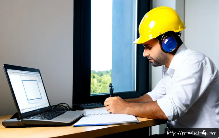 소음진동 엔지니어 업무 일지 작성법 - Photorealistic Portuguese-speaking noise and vibration engineer in a modern industrial office, caref...